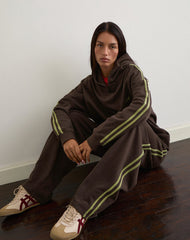 Oze Trackpant in Bitter Chocolate with Green Binding and M Embroidery