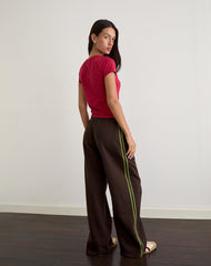 Oze Trackpant in Bitter Chocolate with Green Binding and M Embroidery