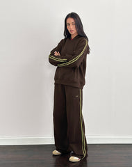 Oze Trackpant in Bitter Chocolate with Green Binding and M Embroidery
