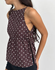 Palsi Tie Side Top in Brown with Medium Polka White