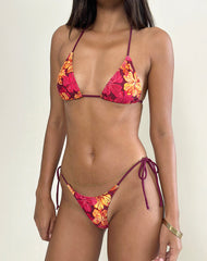 Pami Bikini Top in Sketch Hibiscus Burgundy with Contrast Ties
