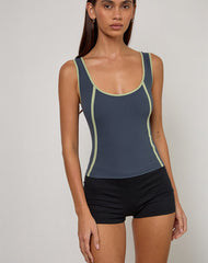 Pilon Vest top in Navy with Sage Binding