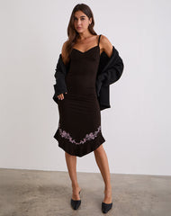 Quelin Midi Dress in Chocolate Brown with Rose Embroidery