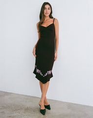 Quelin Midi Dress in Chocolate Brown with Rose Embroidery