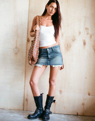 Raw Mini Skirt in Steel Blue with Pockets