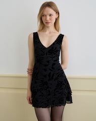 Rawson Mini Dress in Flock Leaf Flower Black