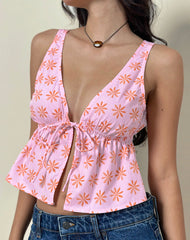 Rolia Tie Front Top in Tile Flower Pink