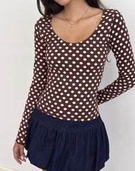 Rumini Long Sleeve Top in Brown with Small Polka Cream