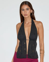 Ryoma Halterneck Top in Flower Broderie Black