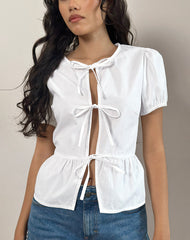 Ryota Tie Front Blouse in White with White Binding
