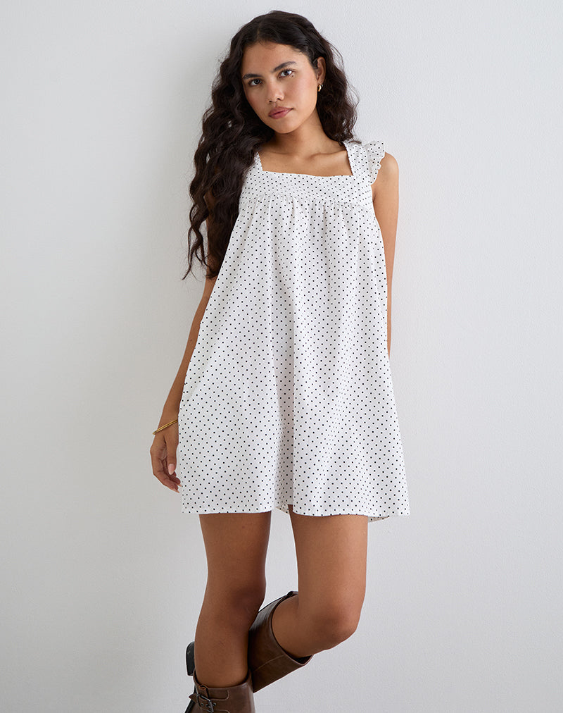 Sanaly Mini Dress in White with Black Micro Polka