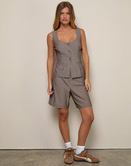 Sarun Longline Short in Pinstripe Brown