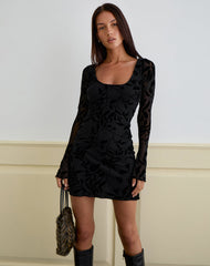 Selca Mini Dress in Flock Leaf Flower Black