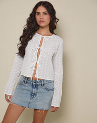 Sewindu Tie Front Long Sleeve Top in Broderie Ivory