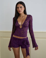Mahota Deep Plunge Long Sleeve Top in Lace Purple