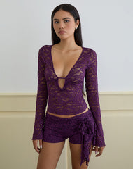 Mahota Deep Plunge Long Sleeve Top in Lace Purple