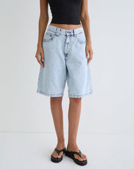 Low Rise Skater Shorts in 80's Light Wash Blue