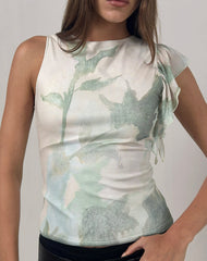 Soyan Asymmetrical Top in Abstract Painted Flower Blue