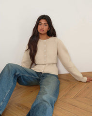 Subra Long Sleeve Ribbed Hem Cardigan in Ivory