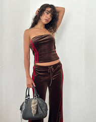 Syara Boob Tube in Brown Velour with Red Side Stripe
