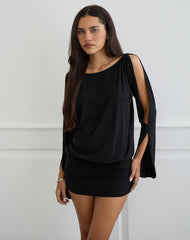 Sybe Cut Batwing Sleeve Mini Dress in Black