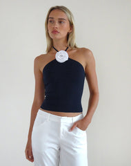 Tarrina Halterneck Top in Dark Navy with White Rosette