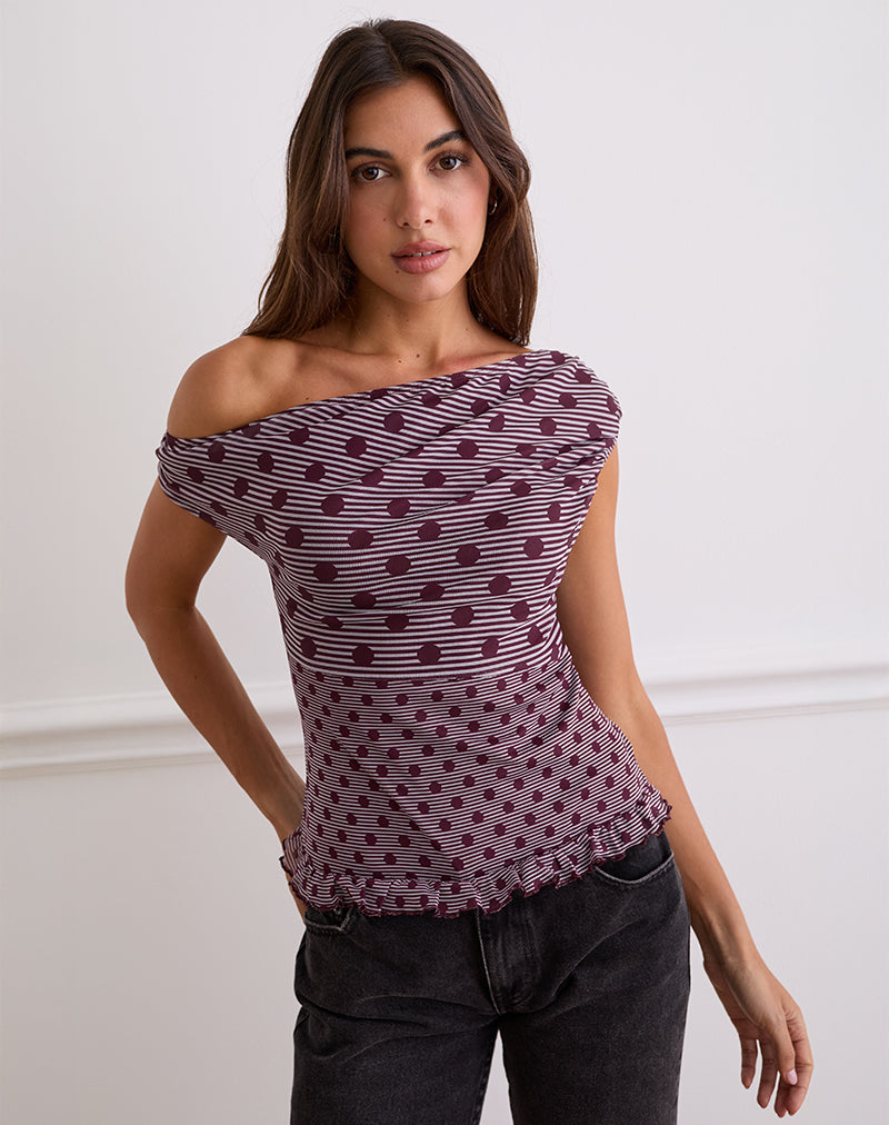 Tarya Asymmetric Top in Stripe Polka Plum