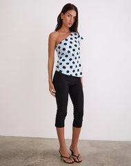 Tokiwa Asymmetric Shoulder Tee in Big Polka Blue Brown