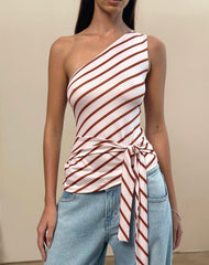 Uberta Asymmetric One Shoulder Tie Top in Diagonal Stripe Pink