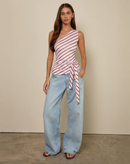 Uberta Asymmetric One Shoulder Tie Top in Diagonal Stripe Pink