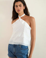 Uran Halterneck Top in Dobby Chiffon Lace White