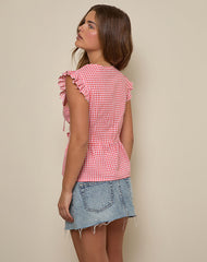 Vataka Tie Front Top In Mini Gingham Peach