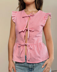 Vataka Tie Front Top In Mini Gingham Peach