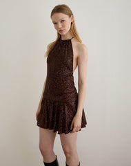 Veloria Mini Dress in Drape Sequin Brown
