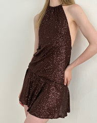 Veloria Mini Dress in Drape Sequin Brown