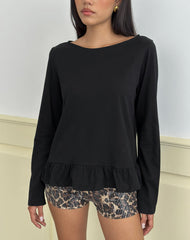 Vivala Boxy Long Sleeve Top in Black with Frill Hem