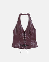 Wahya Lace Up Halter Top in PU Plum
