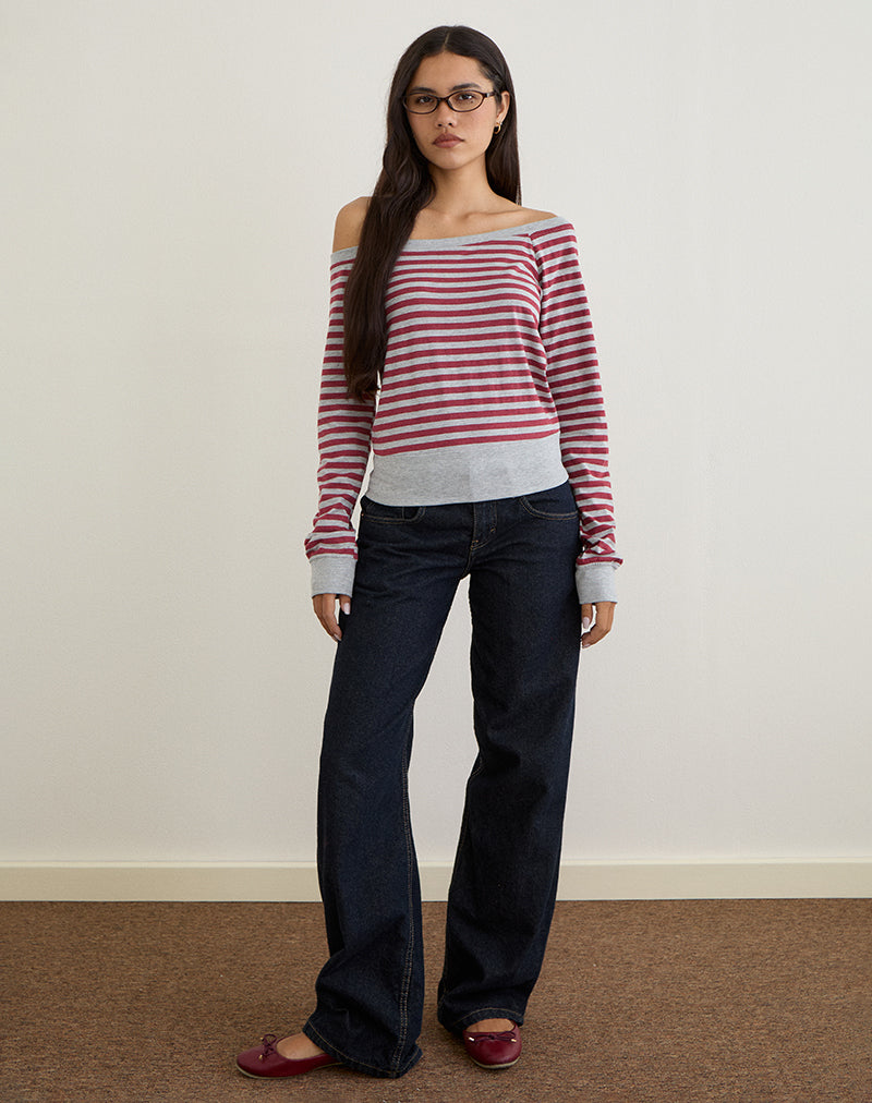 Yacin Slouchy Top in Grey and Burgundy Stripe