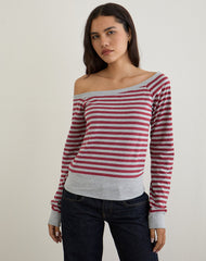Yacin Slouchy Top in Grey and Burgundy Stripe