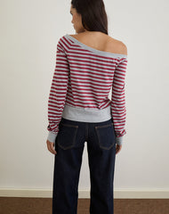 Yacin Slouchy Top in Grey and Burgundy Stripe