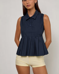 Yaden Pleat Polo Shirt in Poplin Dark Navy