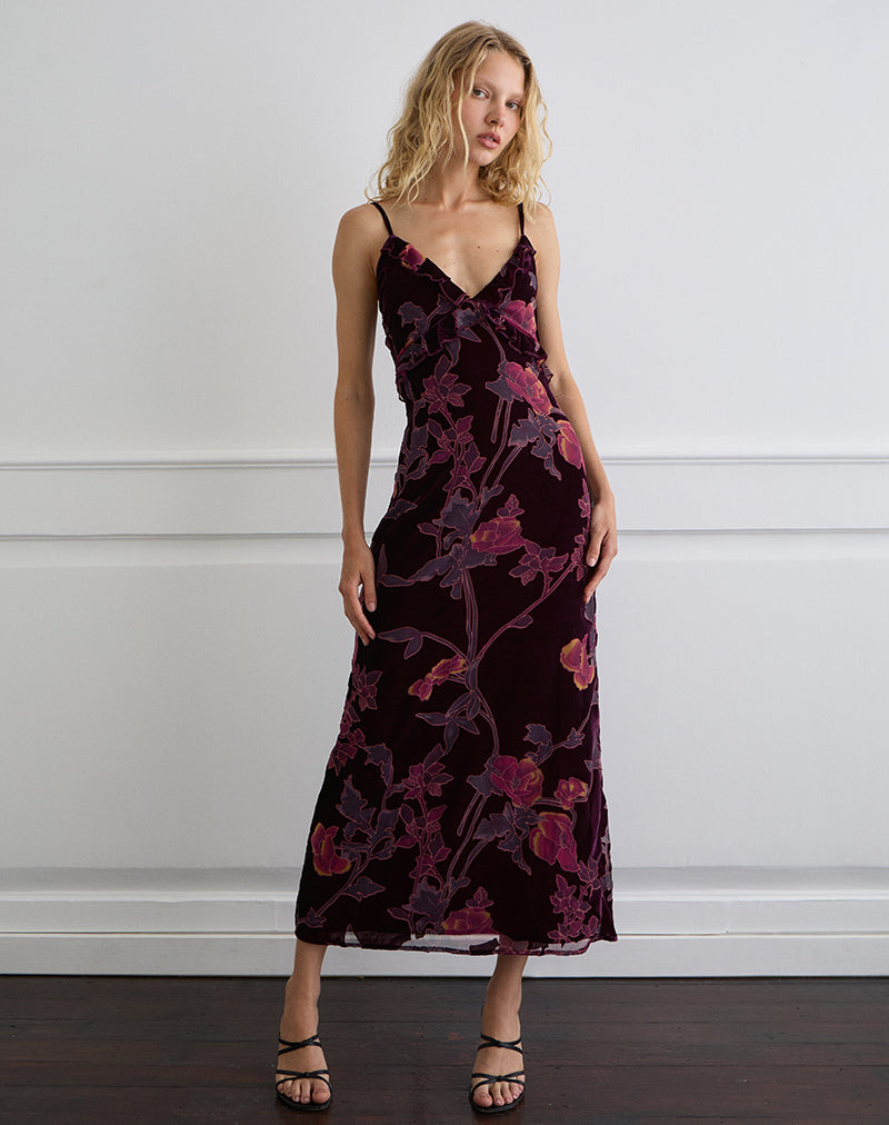 Yamira Maxi Dress in Floral Devore Burgundy