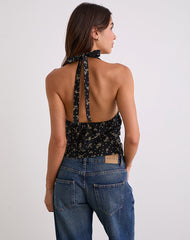 Yung Halterneck Wrap Top in Floral Land Black