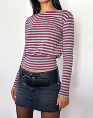 Zahir Long Sleeve Top in Burgundy and Grey Stripe